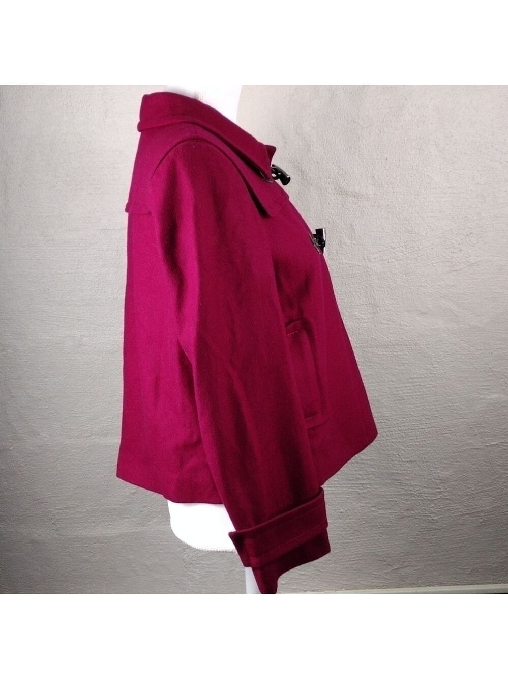 Calvin Klein Berry Wool Pointed Collar Long Cuffed Sleeve Toggle Zip Up Coat - Picture 8 of 15